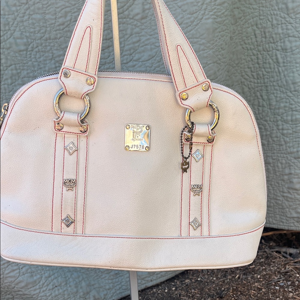 MCM Cream Satchel with Pink Trim and Gold Hardware